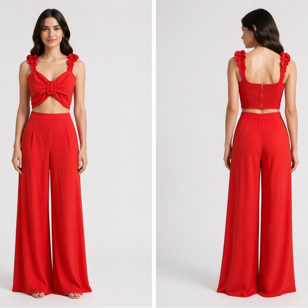 Chicways red matching pants set with crop top and wide leg trousers size s small